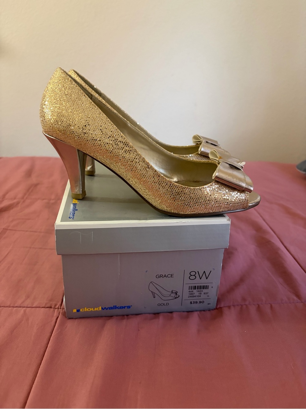 cloudwalkers Gold Glitter Bow Peep-Toe Heels